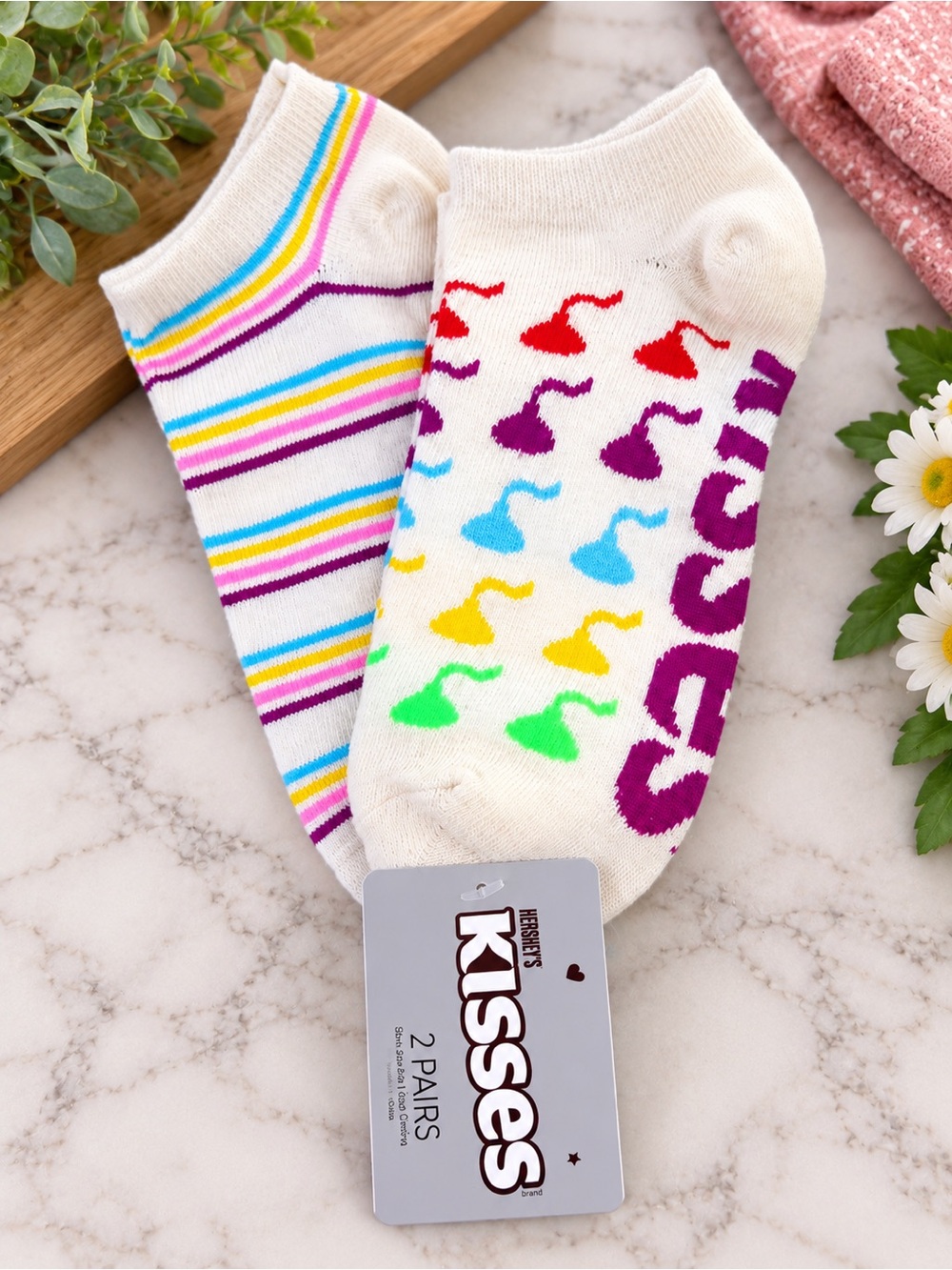 Hershey's Kisses Women's No-Show Socks - White with Rainbow Accents (2-Pack)